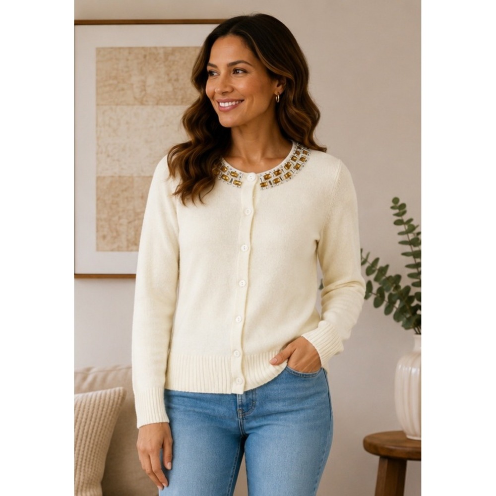 Fossil Angora Blend Cardigan Sweater Womens Medium Cream Jeweled Preppy Career